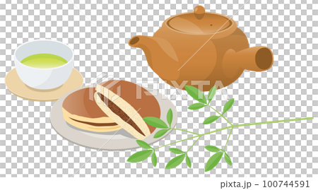 日本甜點 (銅鑼燒) 和綠茶的圖像插圖 100744591