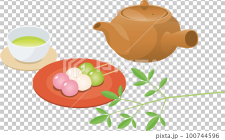 Image illustration of Japanese sweets (three-color dumplings) and green tea Image illustration of Japanese sweets (three-color dumplings) and green tea 100744596