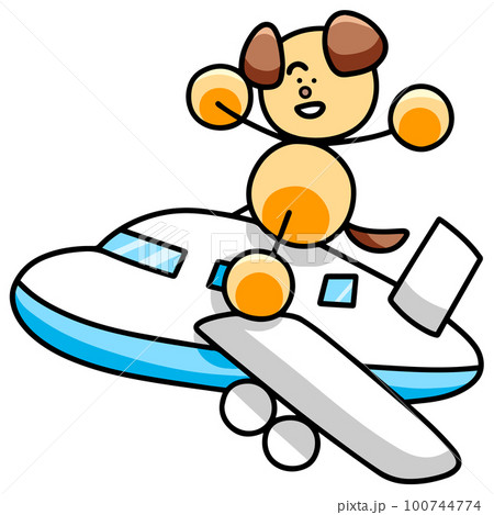 飛行機で移動するわんまるのイラスト　犬 100744774