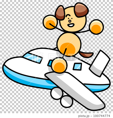 飛行機で移動するわんまるのイラスト　犬 100744774