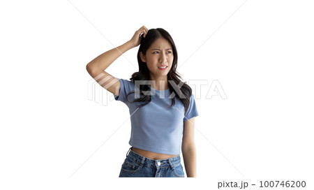 Young Asian woman thinking hard or planning to do something, Overthinking or worrying, Have a headache, Migraine, Stress, Free space for advertising or promoting products, Copy space, Enter text. 100746200