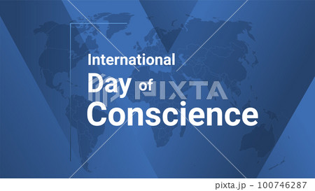 International Day of Conscience holiday card. Poster with earth map, blue gradient lines background, white text. 100746287
