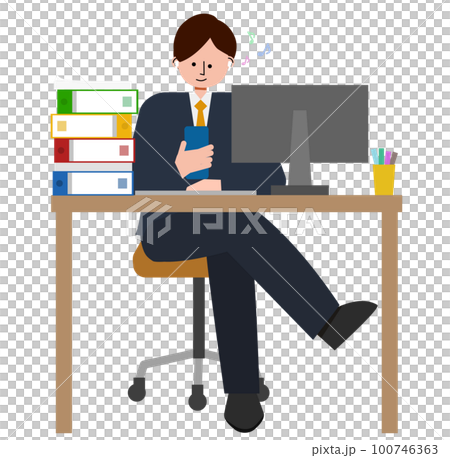 Illustration of a male young employee listening to music while looking at his smartphone at his desk with a pile of work 100746363