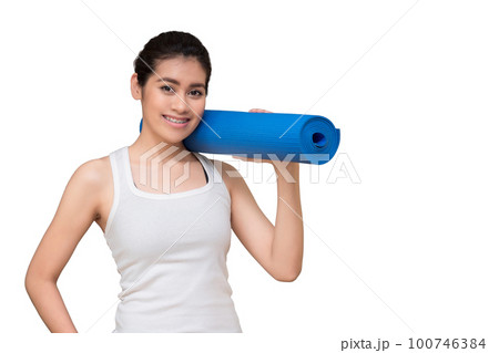 Asian healthy woman with yoga mat isolated with clipping path on white background 100746384