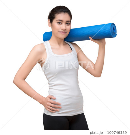 Asian healthy woman with yoga mat isolated with clipping path on white background Asian healthy woman with yoga mat isolated with clipping path on white background 100746389