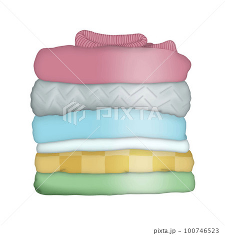 Stack of folded wool knitted clothes or blankets. Warm cozy blankets isolated clipart. 100746523