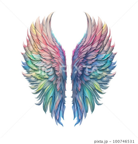 Angel's Wings Pastel Rainbow Illustration Clipart. Feather design element on white background. 100746531