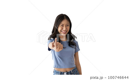 Women beckoning or inviting them to pay attention, Suggest to click or apply with me, Giving assistance and acceptance, Calling with one finger, Come and get me, Woman on white background. Women beckoning or inviting them to pay attention, Suggest to click or apply with me, Giving assistance and acceptance, Calling with one finger, Come and get me, Woman on white background. 100746644