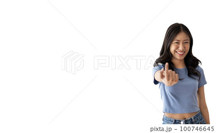 Women beckoning or inviting them to pay attention, Suggest to click or apply with me, Giving assistance and acceptance, Calling with one finger, Come and get me, Woman on white background. 100746645
