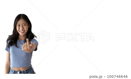 Women beckoning or inviting them to pay attention, Suggest to click or apply with me, Giving assistance and acceptance, Calling with one finger, Come and get me, Woman on white background. 100746646