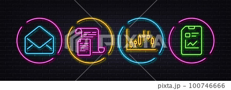 Documents, Candlestick graph and Mail minimal line icons. Neon laser 3d lights. Report document icons. For web, application, printing. Office file, Finance chart, E-mail. Statistics file. Vector 100746666