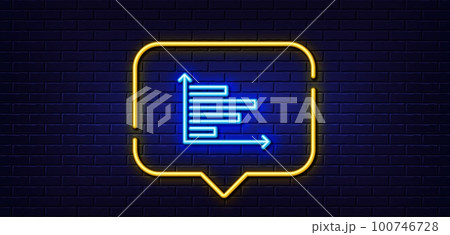 Neon light speech bubble. Horizontal chart line icon. Column graph sign. Market analytics symbol. Neon light background. Horizontal chart glow line. Brick wall banner. Vector 100746728