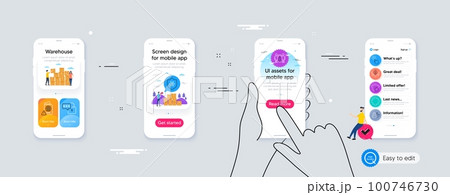 Outline set of Clean skin, Cooking timer and Spa stones line icons for web application. Phone ui interface. Include Fair trade, Passport warning, Puzzle icons. Vector 100746730