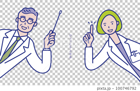 一位手持指點桿的老年男醫生和一位女醫生從側面彈出的指點姿勢的圖像插圖素材 100746792