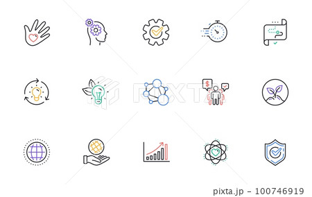 Core values line icons. Integrity, Target purpose and Strategy. Helping hand, social responsibility, commitment goal icons. Linear set. Bicolor outline web elements. Vector 100746919
