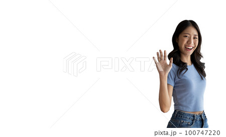 Waving hand in hi, Asian woman smiling friendly greeting, Hello,nice to meet you,say hi, Say hi and greet you, Welcome new people Join a multicultural team, Goodbye, Isolated on white background. Waving hand in hi, Asian woman smiling friendly greeting, Hello,nice to meet you,say hi, Say hi and greet you, Welcome new people Join a multicultural team, Goodbye, Isolated on white background. 100747220