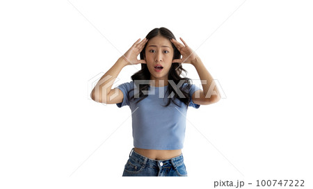 Asian woman acting shocked or surprised isolated on a white background, Looking camera, Concept acts according to the emotions and feelings of excitement and shock, White background, Copy space. Asian woman acting shocked or surprised isolated on a white background, Looking camera, Concept acts according to the emotions and feelings of excitement and shock, White background, Copy space. 100747222