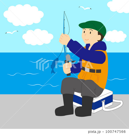 クーラーボックスに座る男性（背景有） 100747566