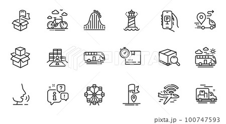 Outline set of Airplane wifi, Delivery and Lighthouse line icons for web application. Talk, information, delivery truck outline icon. Include Parking app, Delivery location, Bike rental icons. Vector Outline set of Airplane wifi, Delivery and Lighthouse line icons for web application. Talk, information, delivery truck outline icon. Include Parking app, Delivery location, Bike rental icons. Vector 100747593