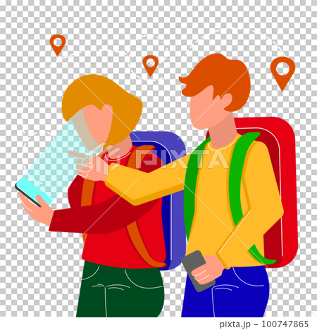 TRAVELING PEOPLE Young Man And Woman With Backpacks Choose A Route In Smartphone Internet World Map. Vector Illustration In Flat Style On A Dark Background 100747865