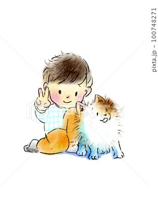 犬のペットと男の子が写真を撮っているスナップ写真のようなイラスト 100748271