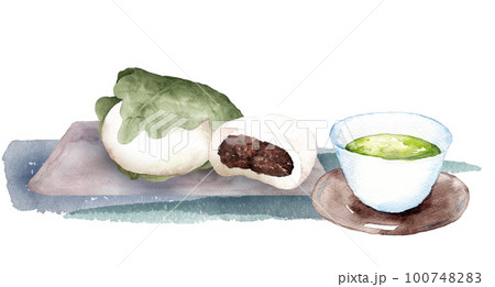 柏餅と日本茶の水彩画 100748283