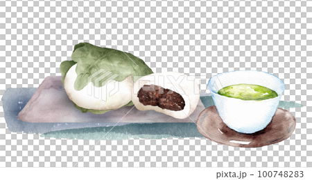 柏餅と日本茶の水彩画 100748283