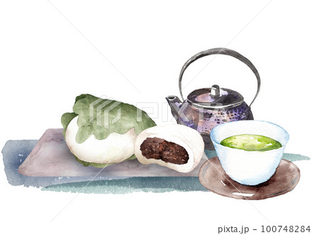 柏餅と日本茶セットの水彩画 100748284