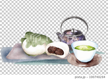 柏餅と日本茶セットの水彩画 100748284