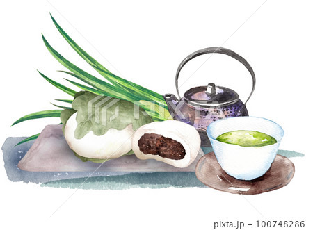 柏餅と日本茶、菖蒲の葉の水彩画 100748286