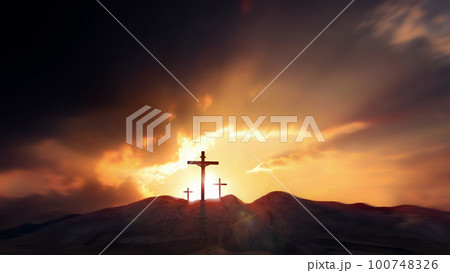 Passion Week cross on a hill symbolizing the sacrifice, suffering, death, resurrection and passion of Jesus against a bright sunset light background 100748326
