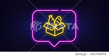 Neon light speech bubble. Food donation line icon. Charity box sign. Charitable organization symbol. Neon light background. Food donation glow line. Brick wall banner. Vector 100748459