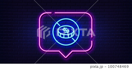 Neon light speech bubble. No cash line icon. Tax free sign. Coins money symbol. Neon light background. No cash glow line. Brick wall banner. Vector Neon light speech bubble. No cash line icon. Tax free sign. Coins money symbol. Neon light background. No cash glow line. Brick wall banner. Vector 100748469