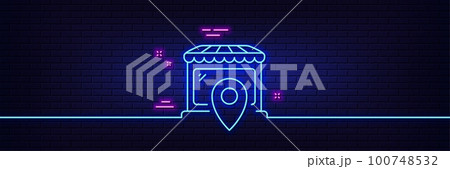 Neon light glow effect. Market location line icon. Wholesale store sign. Retail marketplace symbol. 3d line neon glow icon. Brick wall banner. Market location outline. Vector 100748532