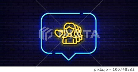 Neon light speech bubble. Couple Love line icon. Group of Women sign. Valentines day symbol. Neon light background. Woman love glow line. Brick wall banner. Vector Neon light speech bubble. Couple Love line icon. Group of Women sign. Valentines day symbol. Neon light background. Woman love glow line. Brick wall banner. Vector 100748533