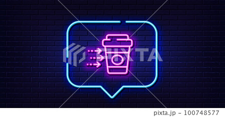 Neon light speech bubble. Coffee delivery line icon. Soft drink sign. Catering service symbol. Neon light background. Coffee delivery glow line. Brick wall banner. Vector Neon light speech bubble. Coffee delivery line icon. Soft drink sign. Catering service symbol. Neon light background. Coffee delivery glow line. Brick wall banner. Vector 100748577