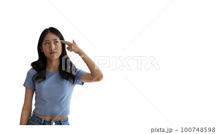 Young Asian woman thinking hard or planning to do something, Overthinking or worrying, Have a headache, Migraine, Stress, Free space for advertising or promoting products, Copy space, Enter text. Young Asian woman thinking hard or planning to do something, Overthinking or worrying, Have a headache, Migraine, Stress, Free space for advertising or promoting products, Copy space, Enter text. 100748598
