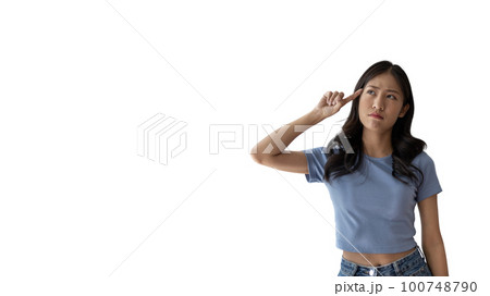 Young Asian woman thinking hard or planning to do something, Overthinking or worrying, Have a headache, Migraine, Stress, Free space for advertising or promoting products, Copy space, Enter text. 100748790