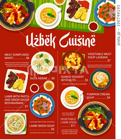 Uzbek cuisine menu with food of Uzbekistan and dishes, beshbarmak with manti and lagman, vector. Uzbek cuisine national meals, duck kebab and quince dessert with nuts, lamb with pasta and onion 100749193
