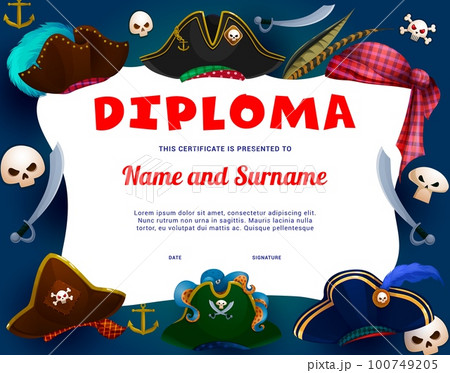 Kids diploma cartoon pirate hats and tricorn, sabers and skulls. Vector certificate with corsair cocked cap, bandana, buccaneer headwear. Child education or graduation award competition winner diploma 100749205