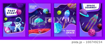 Cartoon space posters, galaxy rockets, astronaut spaceship and planets, vector background. Space fantasy posters with spaceman on alien planet, UFO starship and spaceship in spaceflight to planets Cartoon space posters, galaxy rockets, astronaut spaceship and planets, vector background. Space fantasy posters with spaceman on alien planet, UFO starship and spaceship in spaceflight to planets 100749234