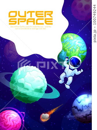 Cartoon space landing page, galaxy planets and spaceman in sky, vector background. Galaxy universe website or web page and landing page template with cosmic astronaut in starry sky with meteorites Cartoon space landing page, galaxy planets and spaceman in sky, vector background. Galaxy universe website or web page and landing page template with cosmic astronaut in starry sky with meteorites 100749244