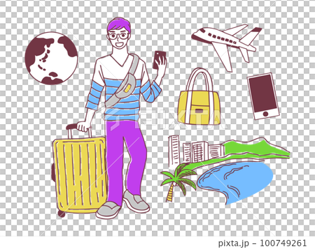 Travel: Illustration set of a man traveling around the world's famous places 100749261