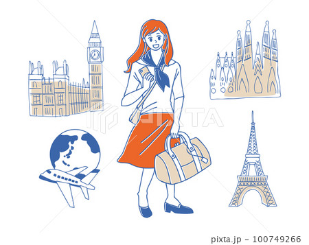 旅行　世界の名所を旅する女性のイラストセット 100749266