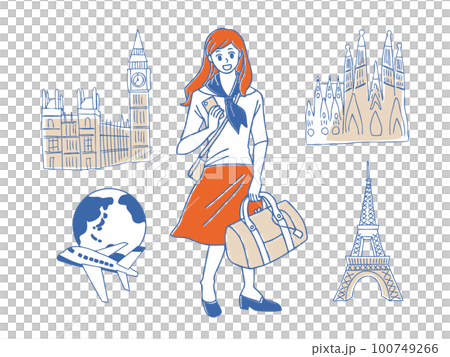 Travel: Illustration set of a woman traveling around the world's famous places 100749266