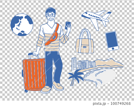 Travel: Illustration set of a man traveling around the world's famous places 100749268