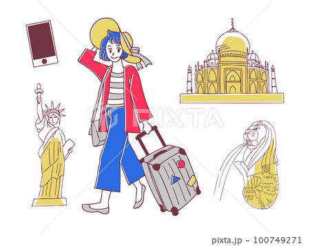 旅行 世界の名所を旅する女性のイラストセット 旅行 世界の名所を旅する女性のイラストセット 100749271