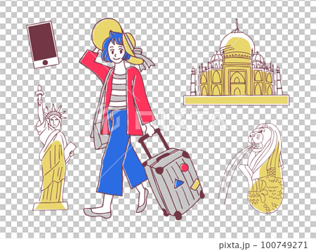 旅行 世界の名所を旅する女性のイラストセット 旅行 世界の名所を旅する女性のイラストセット 100749271