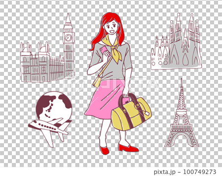 旅行　世界の名所を旅する女性のイラストセット 100749273