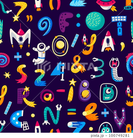 Kids space cartoon letters and numbers seamless pattern. Vector background with abc characters in cosmic style. Creative ornament for kids wallpaper, textile or wrapping paper. Tiled repeated backdrop 100749281